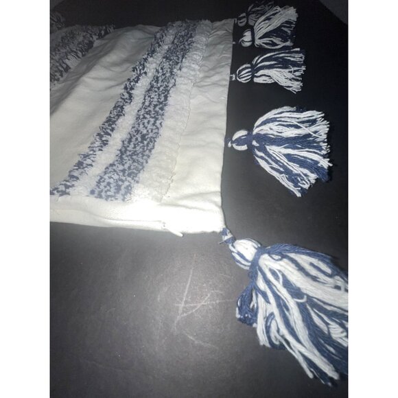 Cotton Pillow Cover Pom Tassels 16x18 White & Navy Stripes Zipper Boho Decor - Picture 7 of 9